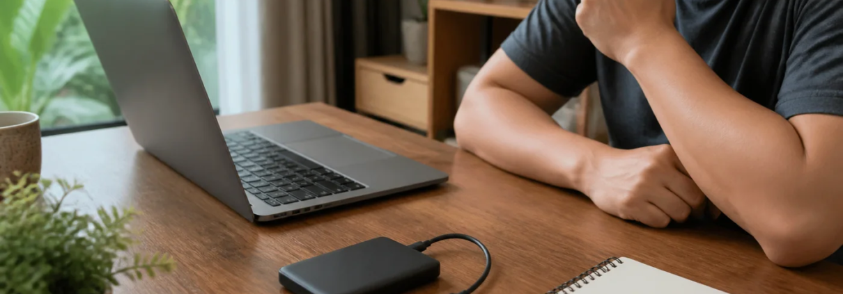 ผู้ใช้หยุดใช้งาน External Hard Drive หลังได้ยินเสียงผิดปกติและถอดสายวางไว้บนโต๊ะ