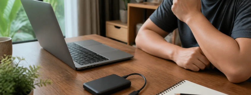 ผู้ใช้หยุดใช้งาน External Hard Drive หลังได้ยินเสียงผิดปกติและถอดสายวางไว้บนโต๊ะ