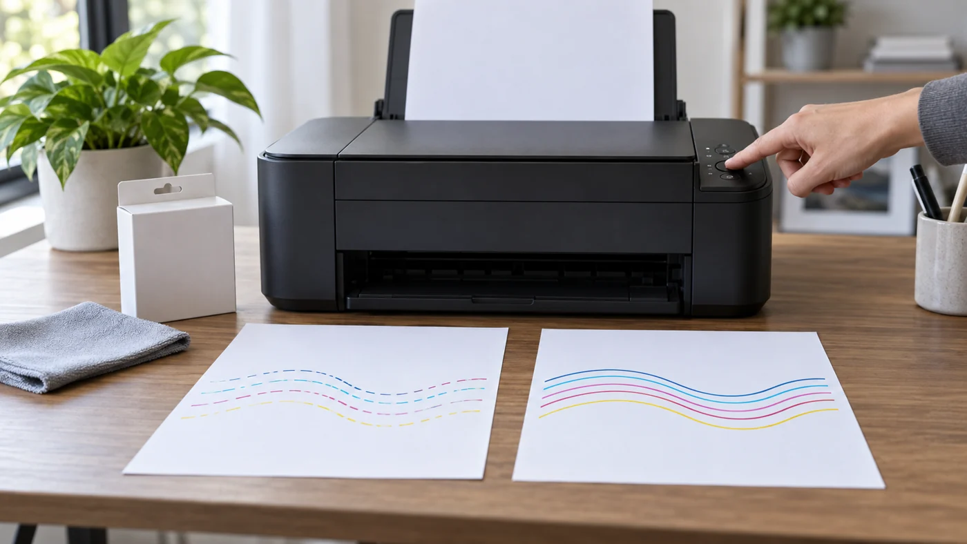 เครื่องพิมพ์ Inkjet กับกระดาษตัวอย่างลายเส้นขาดและลายเส้นครบสำหรับเปรียบเทียบผลตรวจหัวพิมพ์