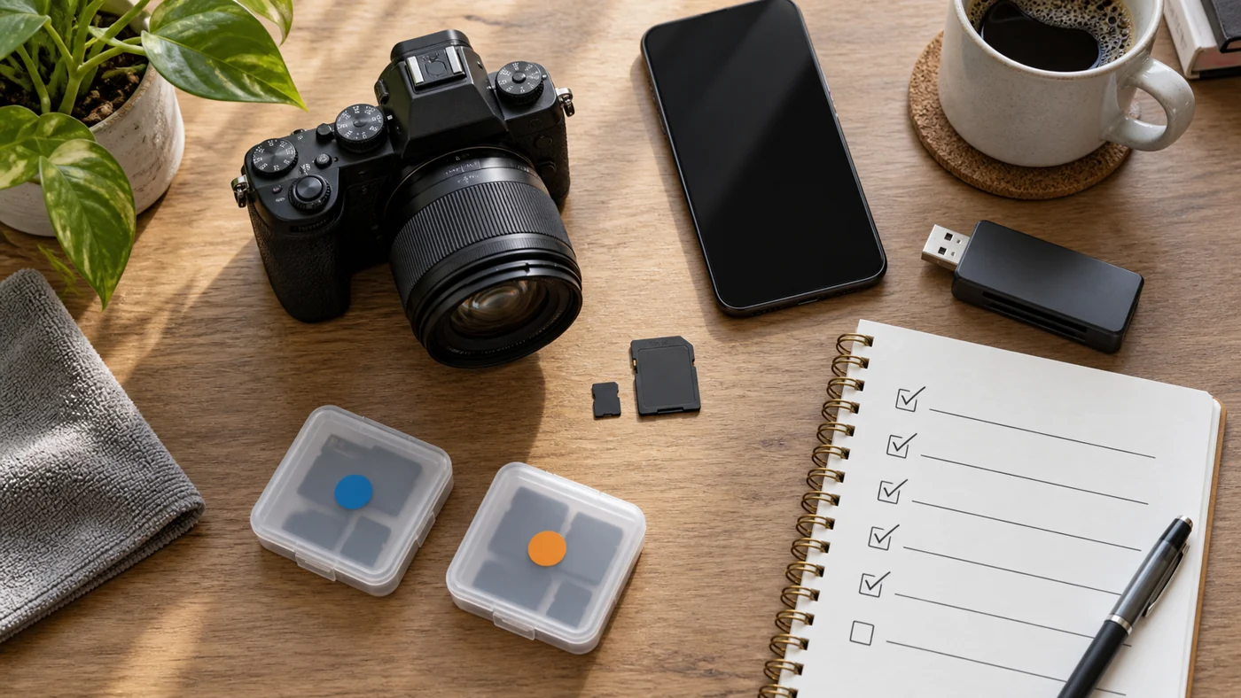 microSD และอะแดปเตอร์ SD วางข้างกล้อง โทรศัพท์ เครื่องอ่านการ์ด และเช็กลิสต์