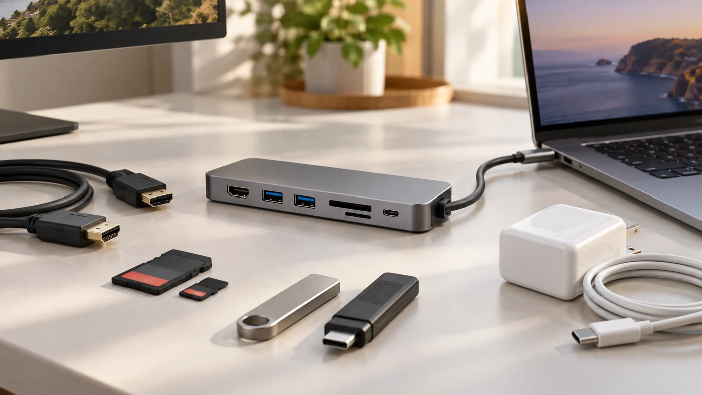 USB-C Hub แบบไม่มีแบรนด์วางแยกกับสายจอ การ์ดหน่วยความจำ แฟลชไดรฟ์ และหัวชาร์จบนโต๊ะ