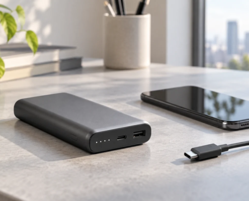 ภาพประกอบพาวเวอร์แบงก์ทั่วไป โทรศัพท์ และสาย USB-C บนโต๊ะ