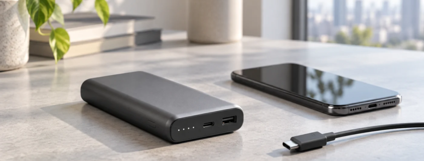 ภาพประกอบพาวเวอร์แบงก์ทั่วไป โทรศัพท์ และสาย USB-C บนโต๊ะ