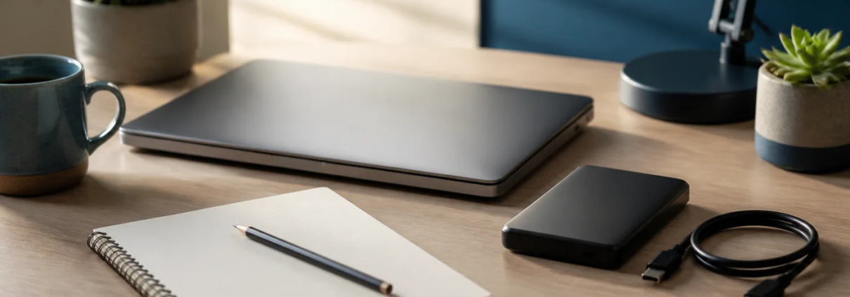 โน้ตบุ๊กที่ปิดเครื่องและ External SSD ที่ถอดสายเพื่อหยุดการเขียนข้อมูล
