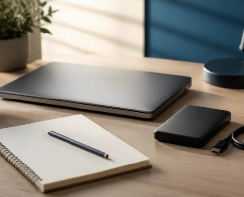 โน้ตบุ๊กที่ปิดเครื่องและ External SSD ที่ถอดสายเพื่อหยุดการเขียนข้อมูล