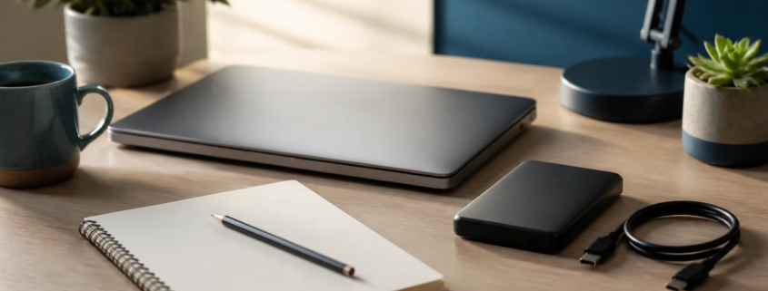 โน้ตบุ๊กที่ปิดเครื่องและ External SSD ที่ถอดสายเพื่อหยุดการเขียนข้อมูล