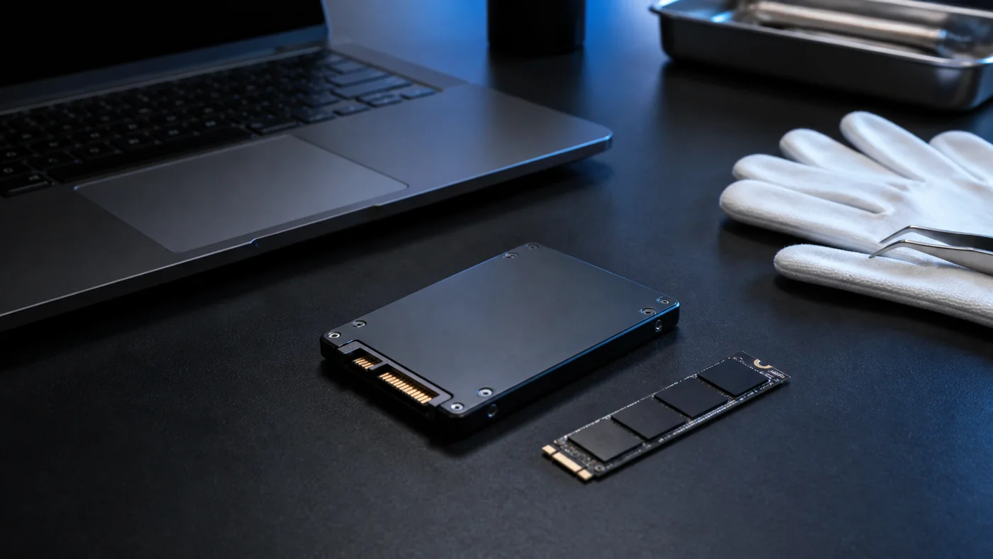 SSD แบบ SATA และ NVMe บนโต๊ะปฏิบัติงานสำหรับตรวจสอบข้อมูล