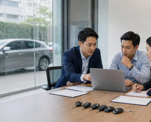 ทีมงาน SME ตรวจข้อมูลรถบริษัทในสำนักงานจำลอง มีรถจอดด้านนอก