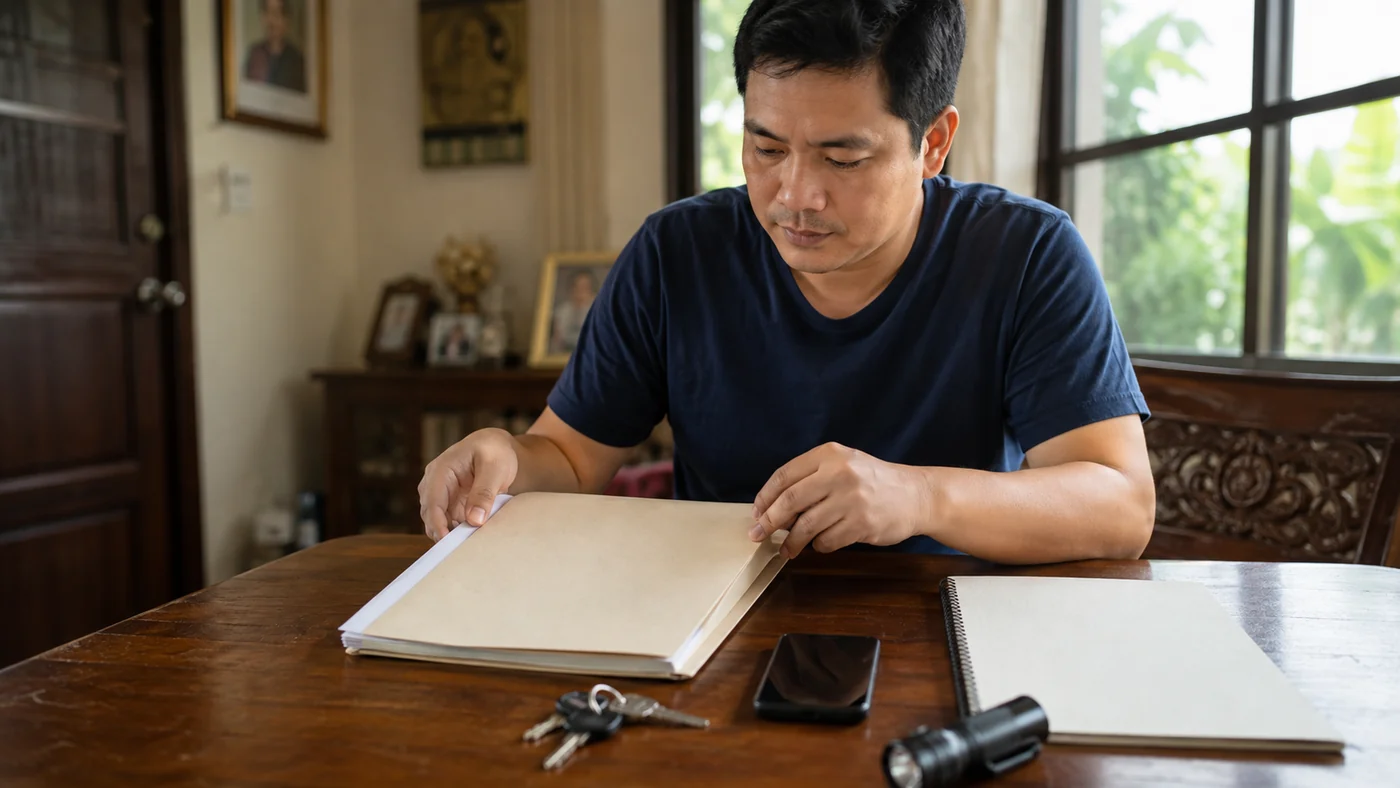 เจ้าของบ้านผู้ใหญ่จัดแฟ้มกรมธรรม์ กุญแจ และอุปกรณ์สำหรับแผนดูแลบ้าน
