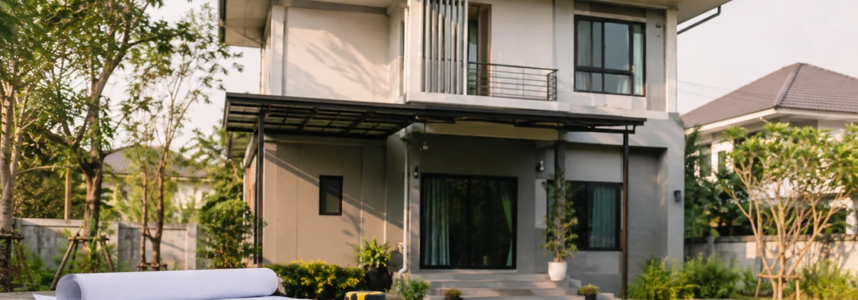 บ้านสองชั้นและแบบแปลนที่ใช้สื่อถึงการประเมินส่วนอาคารก่อนขอประกัน