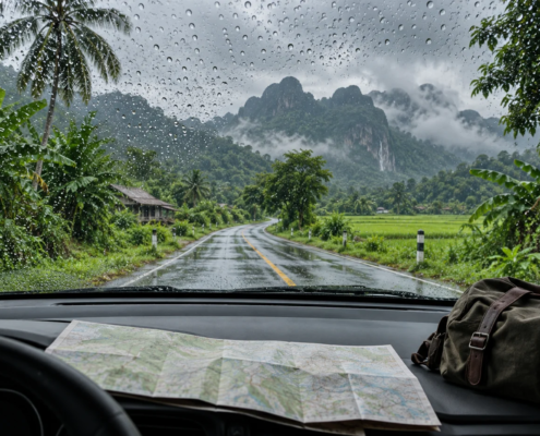 ภาพประกอบแนวคิดถนนเปียกฝนมองจากในรถระหว่างวางแผนเดินทาง
