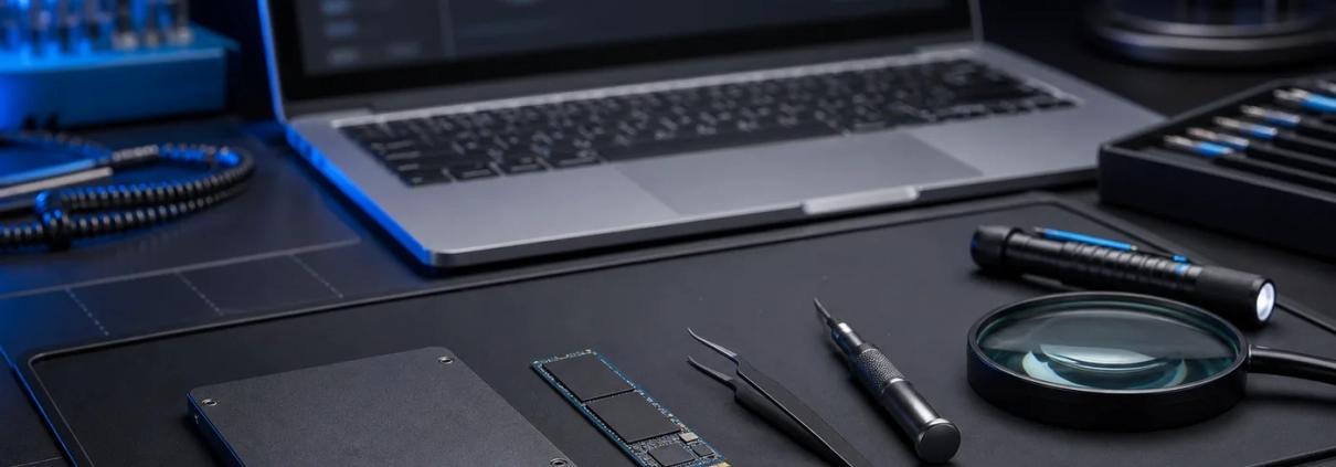 SSD แบบ SATA และ NVMe บนโต๊ะตรวจวิเคราะห์