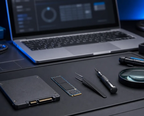 SSD แบบ SATA และ NVMe บนโต๊ะตรวจวิเคราะห์