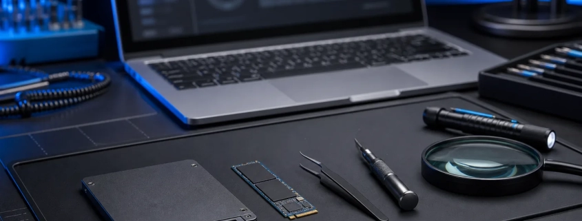 SSD แบบ SATA และ NVMe บนโต๊ะตรวจวิเคราะห์