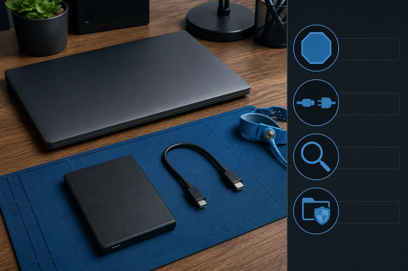 คอมพิวเตอร์และ External SSD บนโต๊ะป้องกันไฟฟ้าสถิต