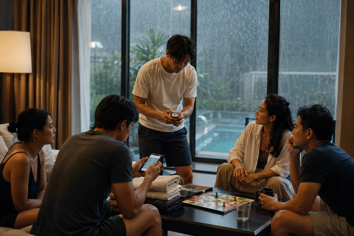 กลุ่มนักท่องเที่ยวผู้ใหญ่อยู่ภายในอาคารระหว่างฝนฟ้าคะนองและติดตามเวลาอย่างเป็นระบบ