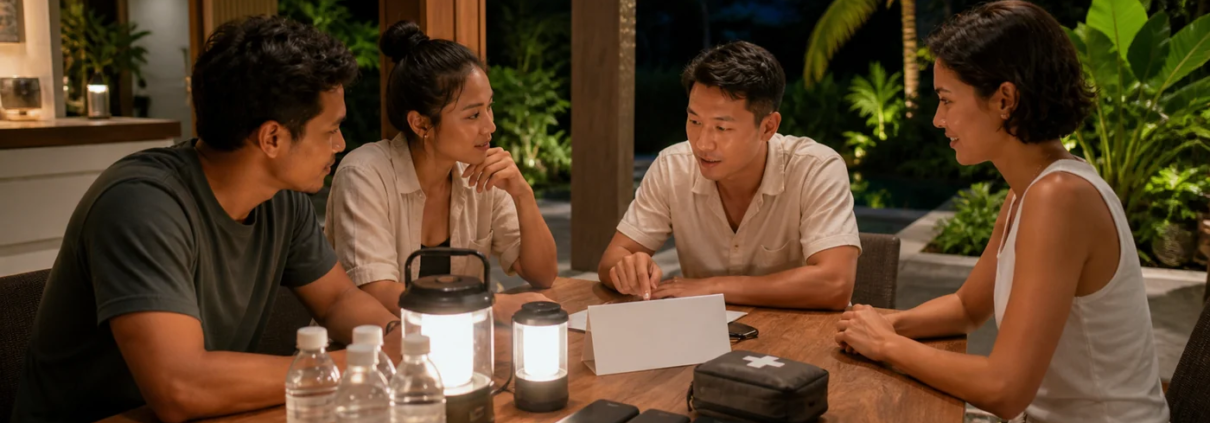 กลุ่มเพื่อนประชุมรอบโต๊ะพร้อมโคมไฟ แบตเตอรี่สำรอง และน้ำดื่มในภาพพูลวิลล่าจำลอง