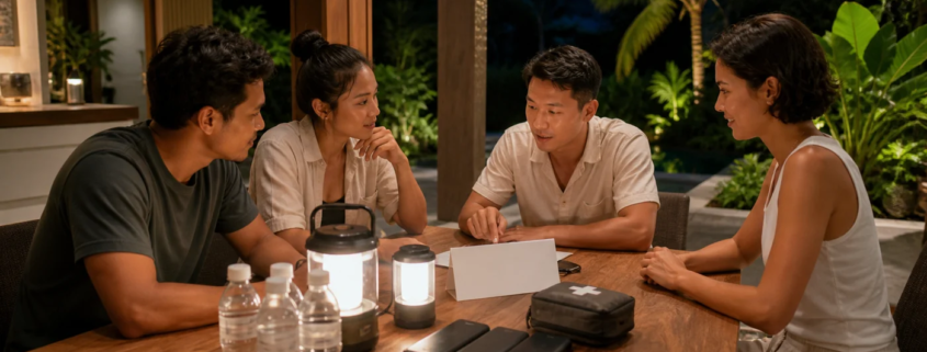 กลุ่มเพื่อนประชุมรอบโต๊ะพร้อมโคมไฟ แบตเตอรี่สำรอง และน้ำดื่มในภาพพูลวิลล่าจำลอง
