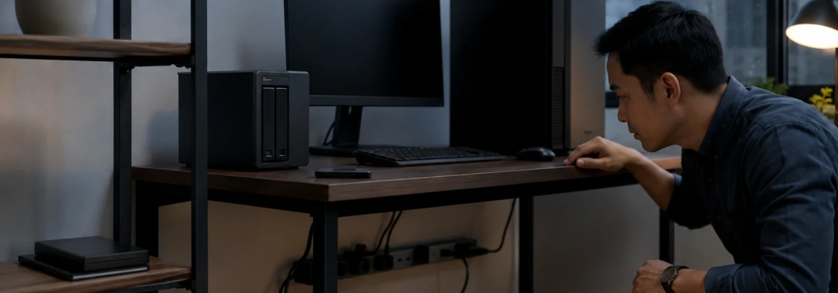 สำนักงานขนาดเล็กที่มีคอมพิวเตอร์ NAS และ UPS สำหรับรับมือไฟดับ