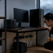 สำนักงานขนาดเล็กที่มีคอมพิวเตอร์ NAS และ UPS สำหรับรับมือไฟดับ