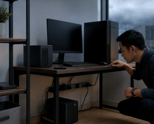 สำนักงานขนาดเล็กที่มีคอมพิวเตอร์ NAS และ UPS สำหรับรับมือไฟดับ