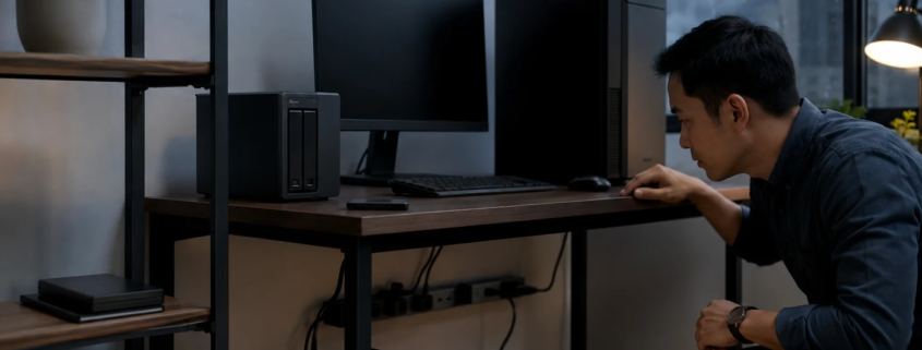 สำนักงานขนาดเล็กที่มีคอมพิวเตอร์ NAS และ UPS สำหรับรับมือไฟดับ