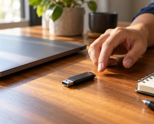 แฟลชไดรฟ์ USB ที่ถอดไว้บนโต๊ะข้างคอมพิวเตอร์