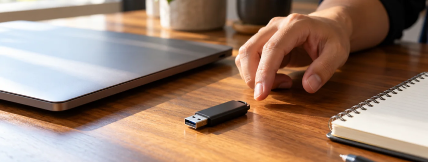 แฟลชไดรฟ์ USB ที่ถอดไว้บนโต๊ะข้างคอมพิวเตอร์