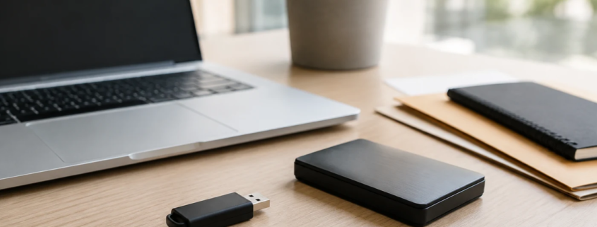 แฟลชไดรฟ์วางข้างคอมพิวเตอร์และไดรฟ์สำรองที่แยกอิสระ