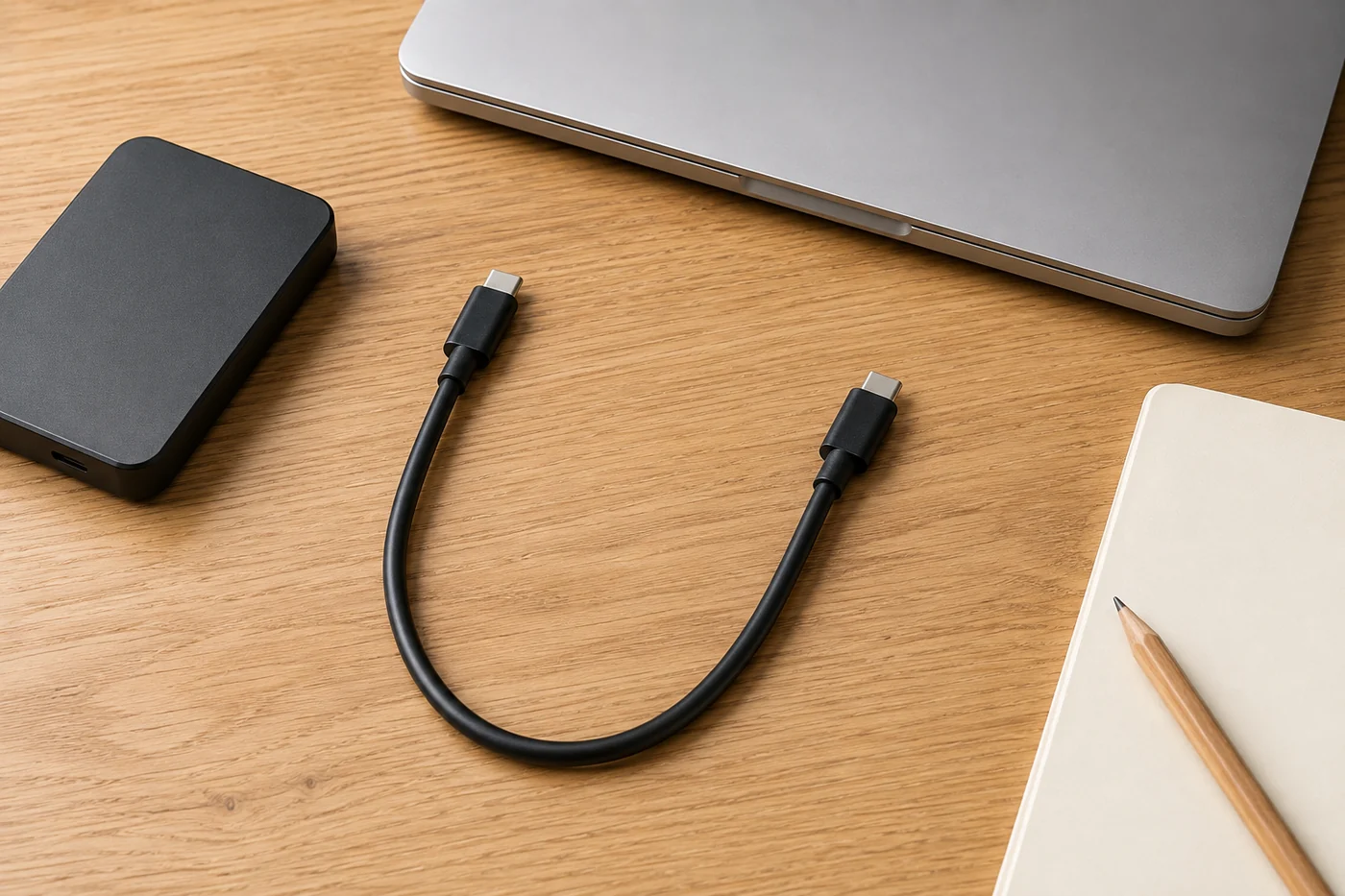 สาย USB-C ที่ยังไม่เชื่อมต่อวางแยกจากอุปกรณ์เก็บข้อมูลและโน้ตบุ๊กบนโต๊ะ