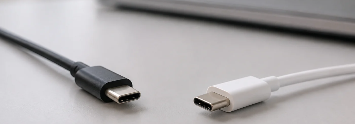 ภาพสร้างหัวสาย USB-C สีดำและสีขาวที่มีรูปทรงคล้ายกันวางแยกบนโต๊ะ
