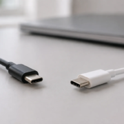 ภาพสร้างหัวสาย USB-C สีดำและสีขาวที่มีรูปทรงคล้ายกันวางแยกบนโต๊ะ