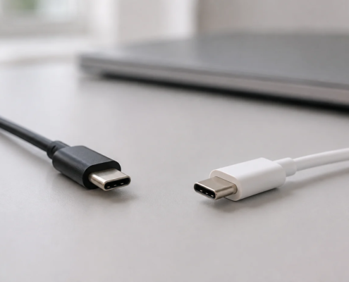 ภาพสร้างหัวสาย USB-C สีดำและสีขาวที่มีรูปทรงคล้ายกันวางแยกบนโต๊ะ