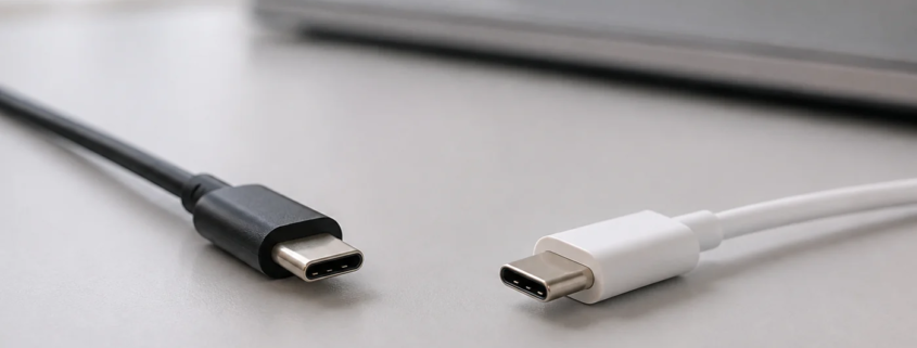 ภาพสร้างหัวสาย USB-C สีดำและสีขาวที่มีรูปทรงคล้ายกันวางแยกบนโต๊ะ